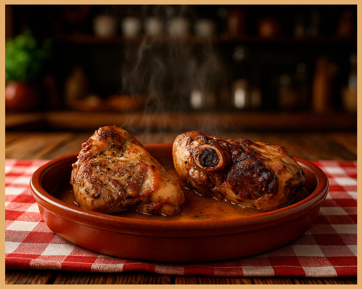 os jugosos jarretes de cordero cocinados a baja temperatura, servidos en cazuela de barro sobre mantel a cuadros, con salsa y humo caliente visible.